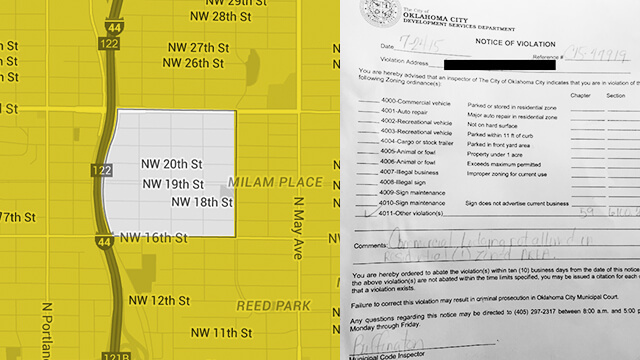 At left, a map highlights the boundaries of the Linwood Place neighborhood. At right, a photo of one of the two violation notices Linwood Place residents have received. (Source: Google maps; City of Oklahoma City)