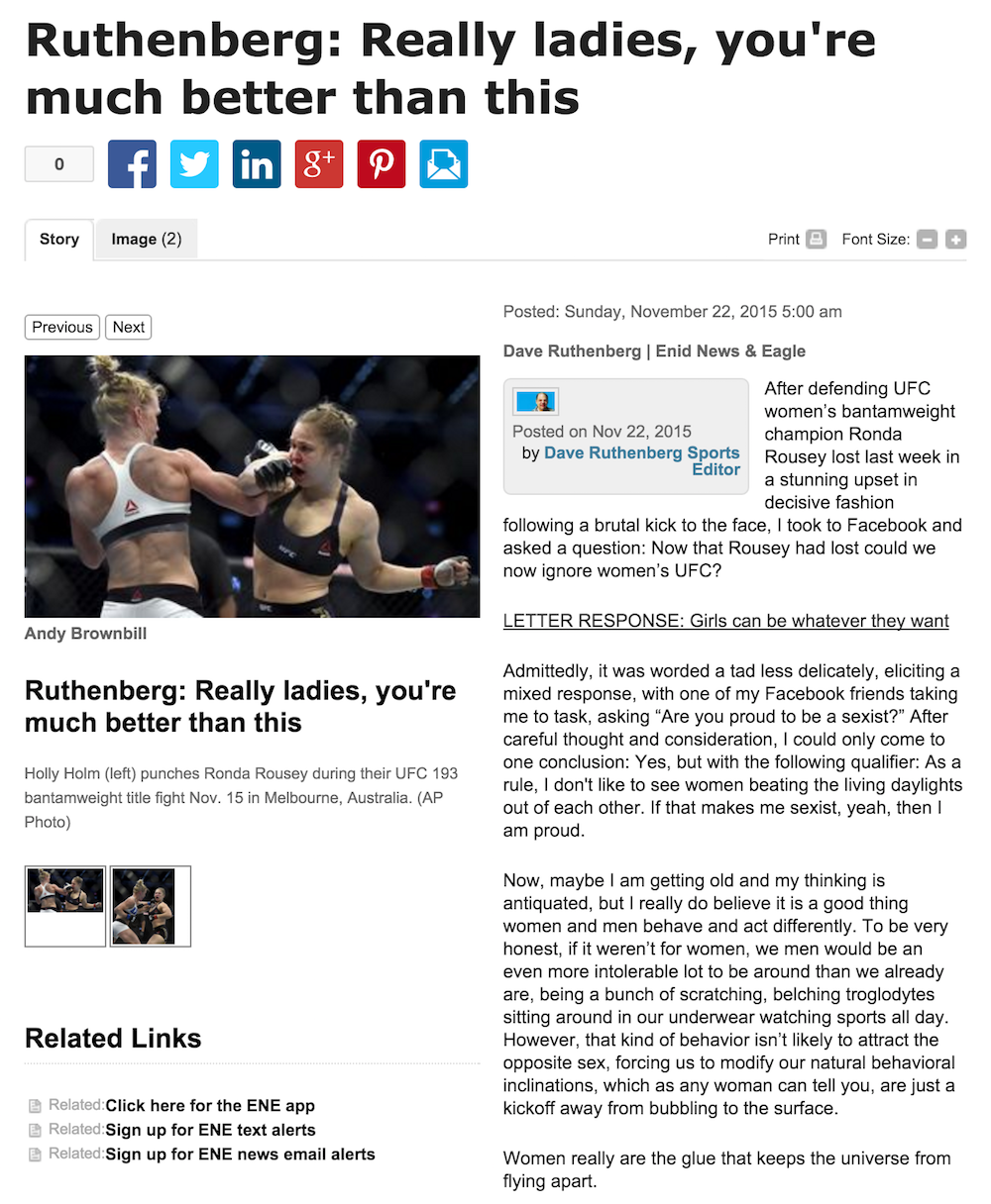 A screenshot of the Enid News & Eagle's sports editor's column decrying women in UFC, as it appeared online Nov. 24. (William W. Savage III)