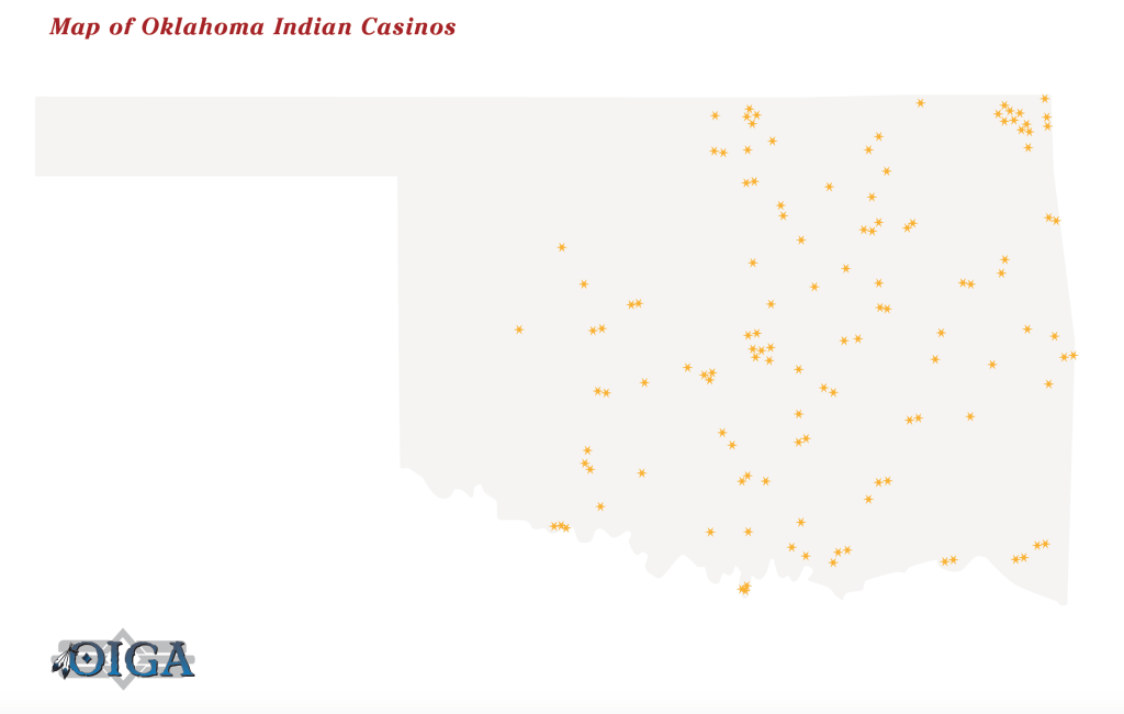 This OIGA map shows estimated locations of tribal gaming operations in Oklahoma. (Screenshot)