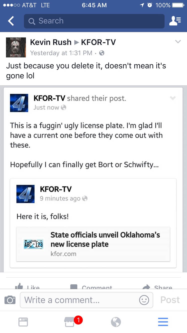 KFOR faux pas Oklahoma license plate