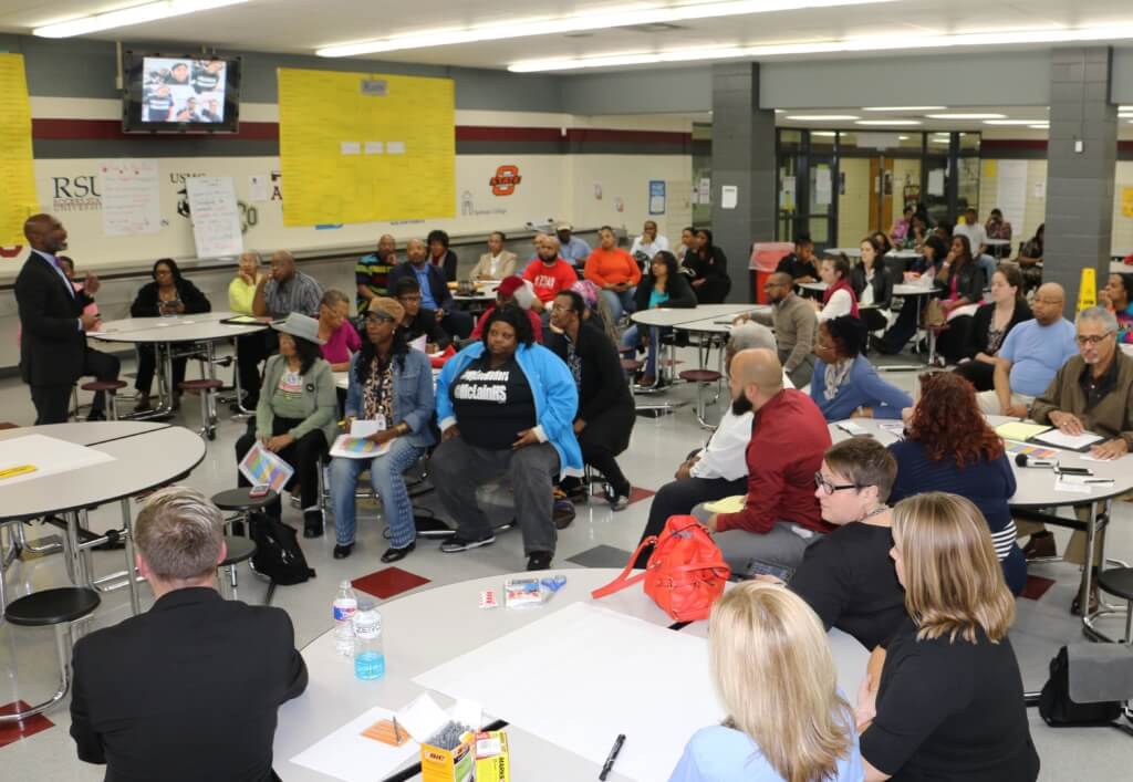 Community members gathered in the cafeteria of Tulsa’s McLain High School on March 28 for a forum on the district’s search for a new principal for the school. (Brad Gibson, Oklahoma Watch)