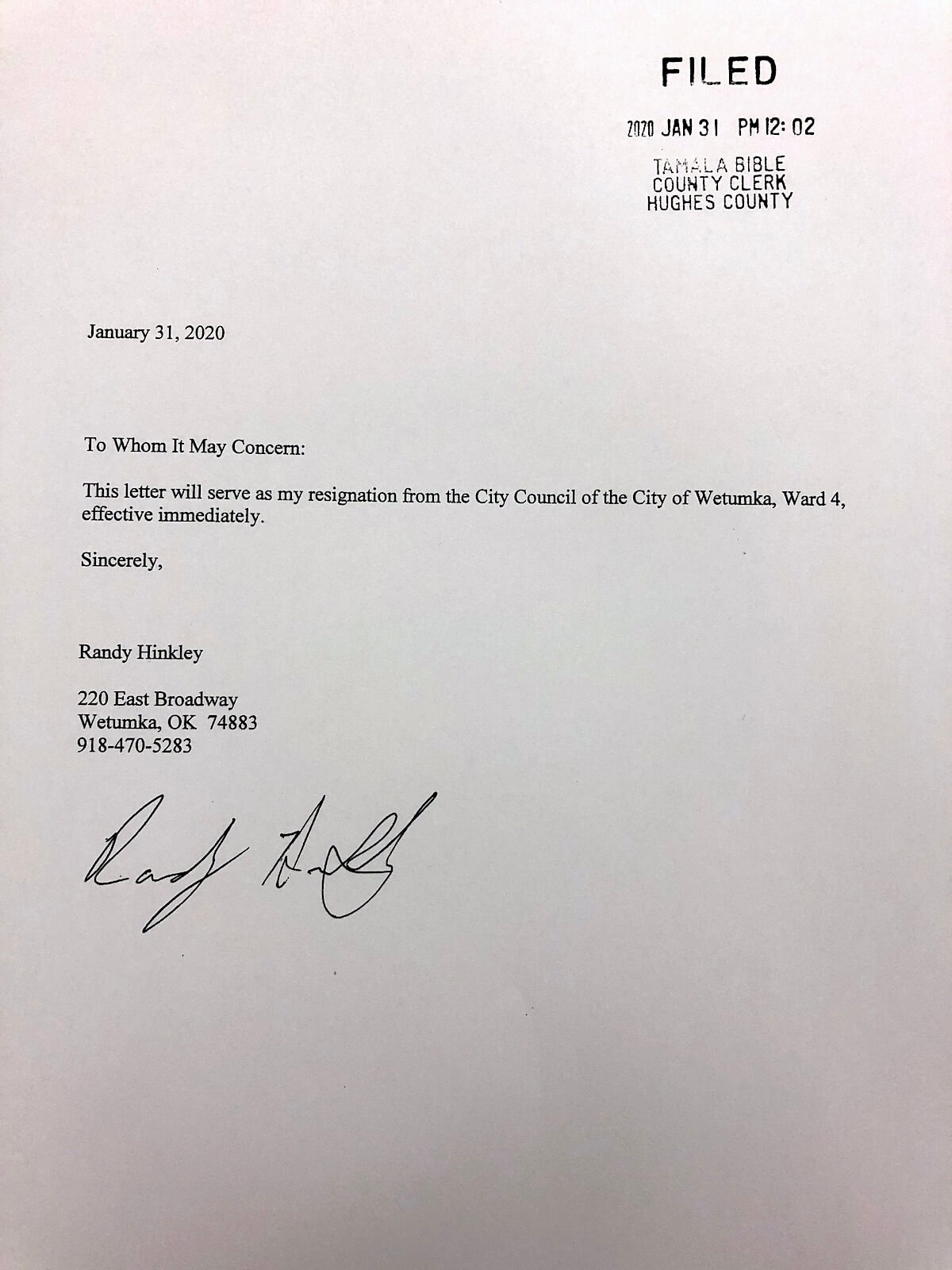 Randy Hinkley resignation