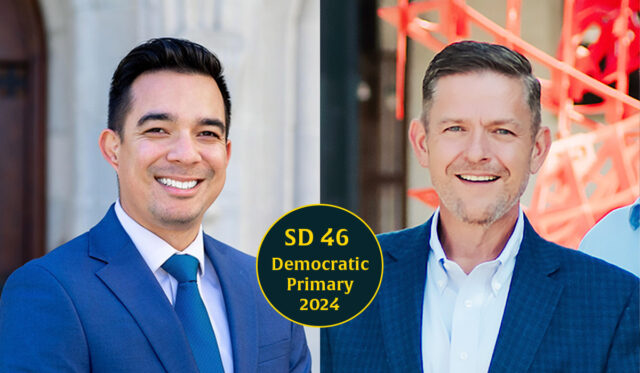 Sam Wargin Grimaldo (left) and Mark Mann (right) are running in the Democratic Primary for Senate District 46.