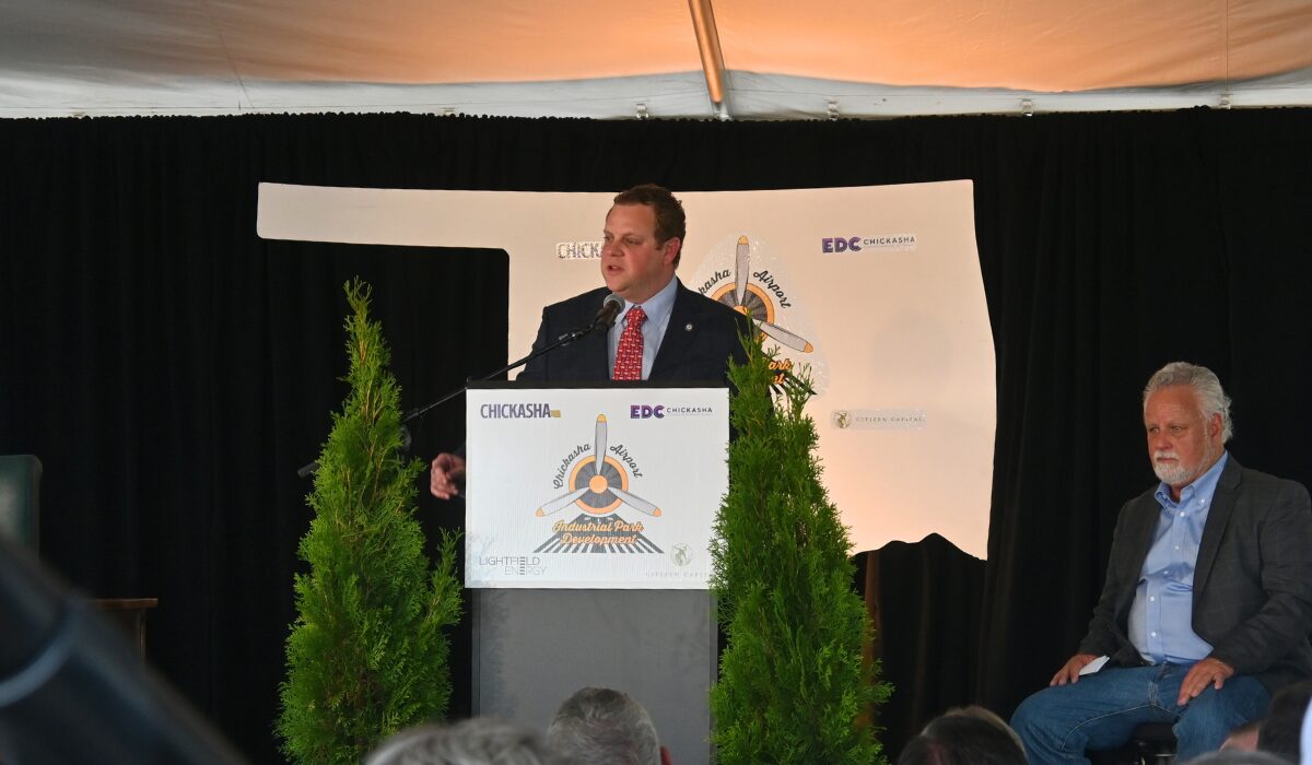 Rep. Brad Boles speaks at a press conference for the Chickasha Industrial Park